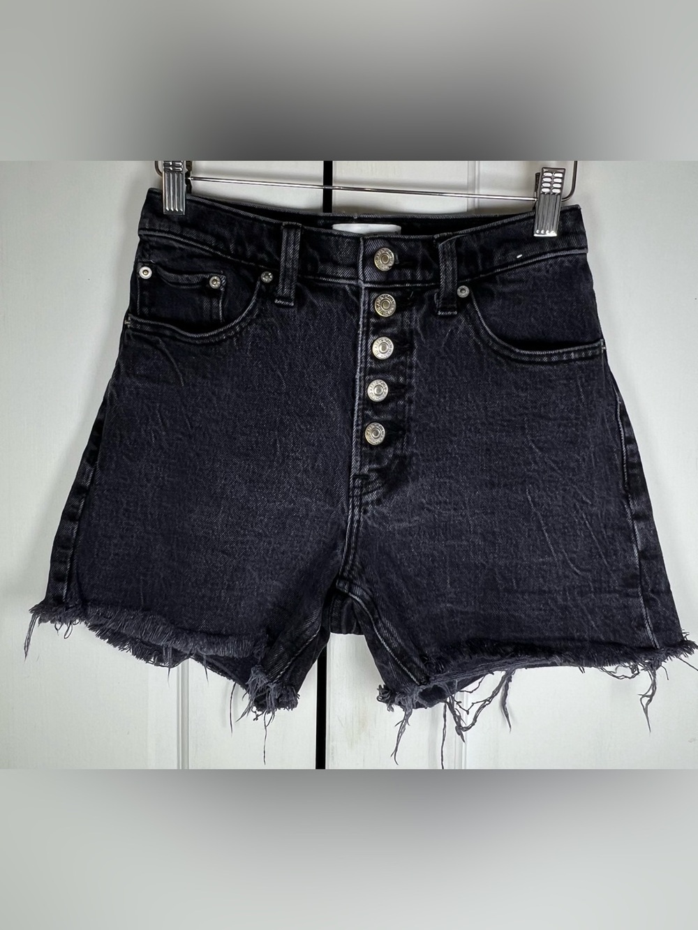 Abercrombie & Fitch High-Rise Mineral Wash Black Denim Button Fly Shorts Sz 24